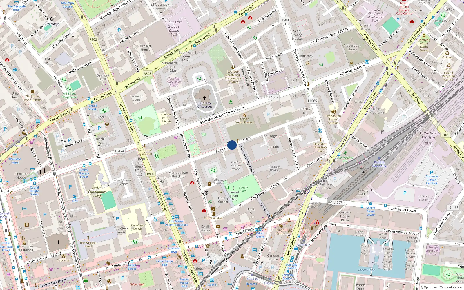 Overhead map showing the location of 3 Gloucester Square, Railway Street, Dublin 1