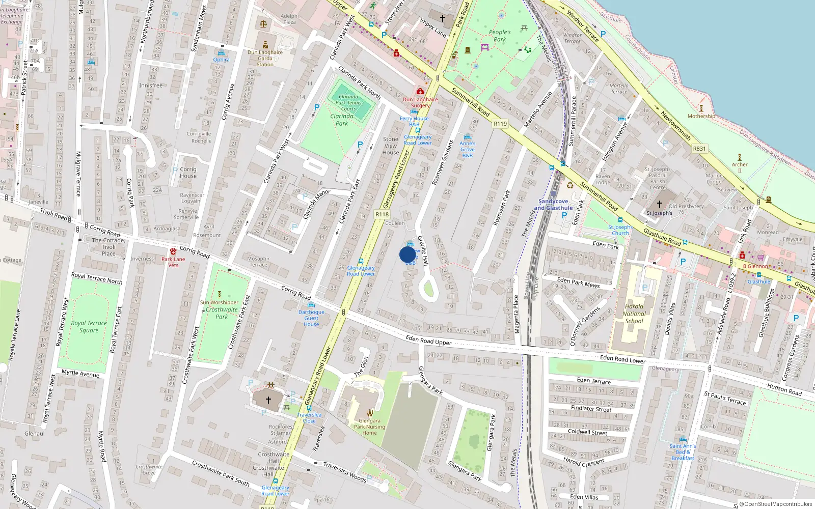 Overhead map showing the location of 3 Granite Hall, Dun Laoghaire, Dublin