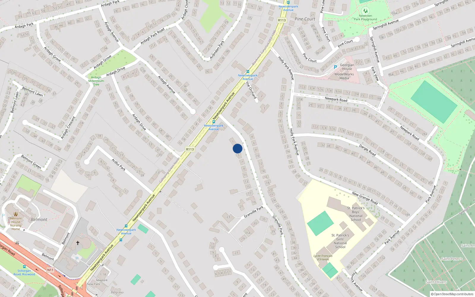 Overhead map showing the location of 3 Granville Park, Blackrock