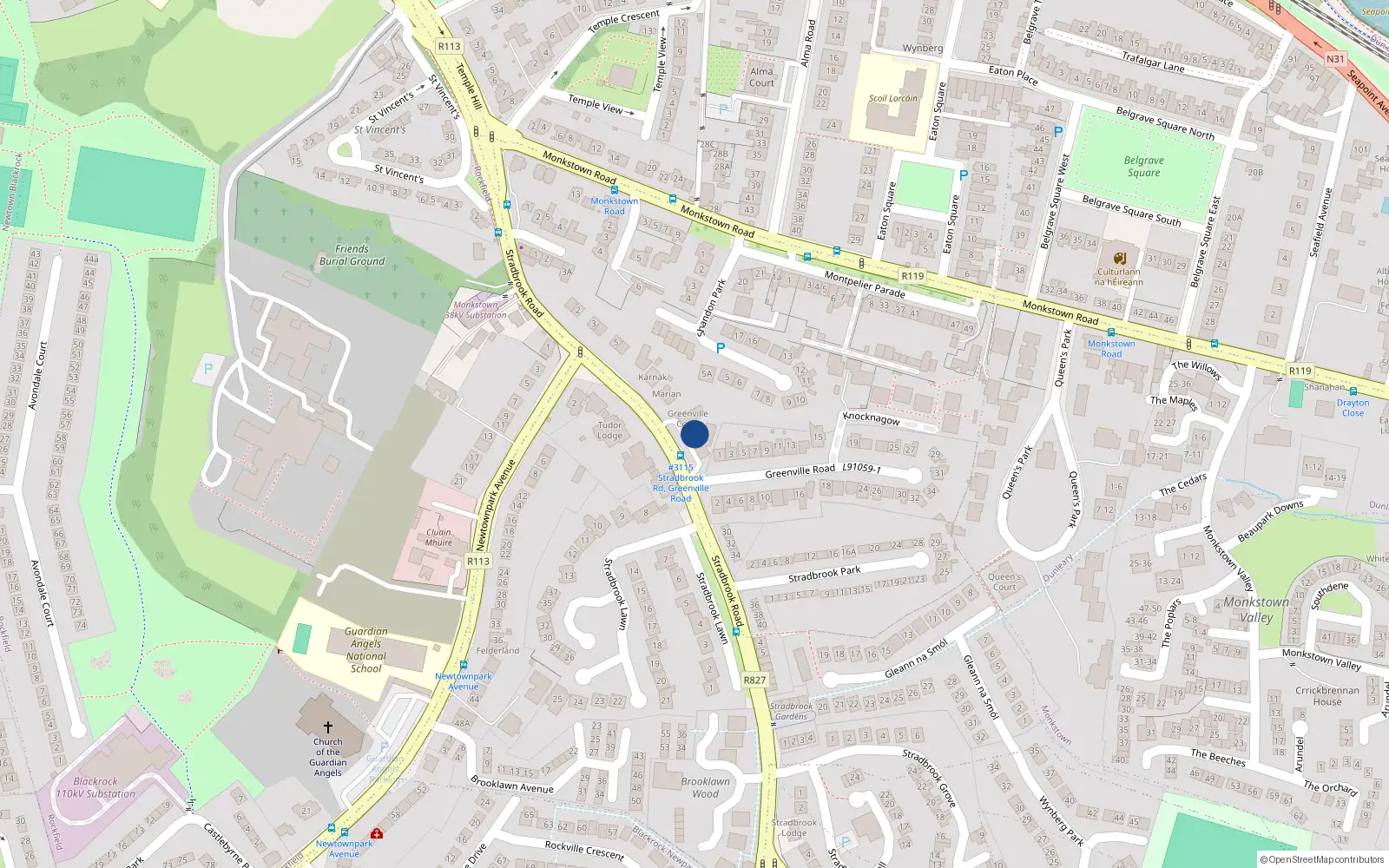 Overhead map showing the location of 3 Greenville Court, Blackrock