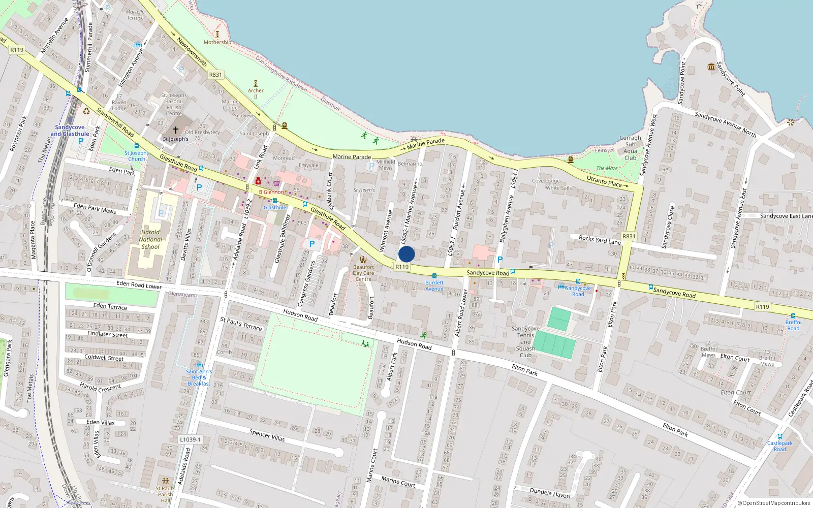 Overhead map showing the location of 3 Hastings Terrace, Sandycove Road, Sandycove