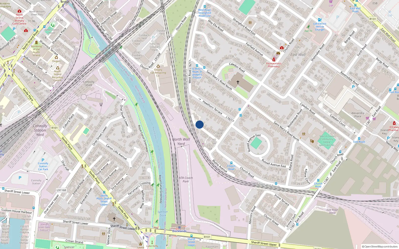 Overhead map showing the location of 3 Hawthorn Avenue, East Wall, Dublin 3