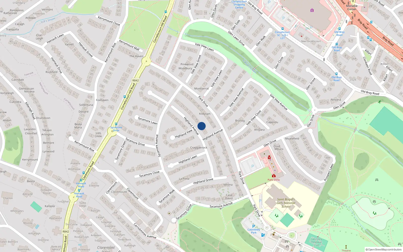 Overhead map showing the location of 3 Highland Avenue, Dublin 18