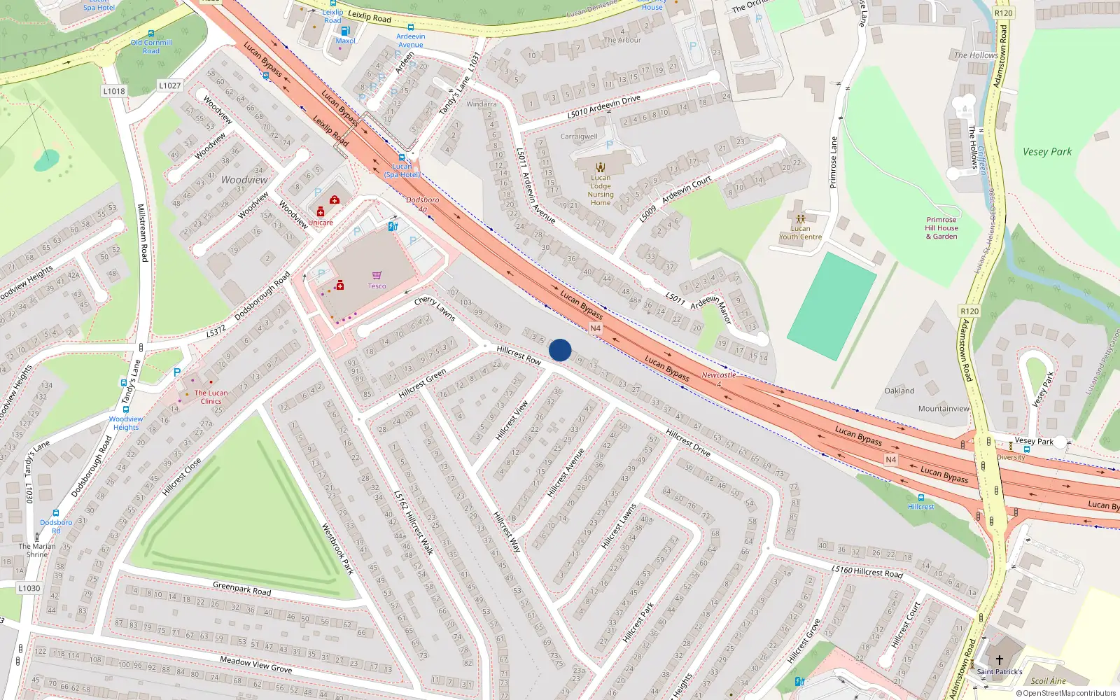 Overhead map showing the location of 3 Hillcrest Drive, Lucan, Dublin