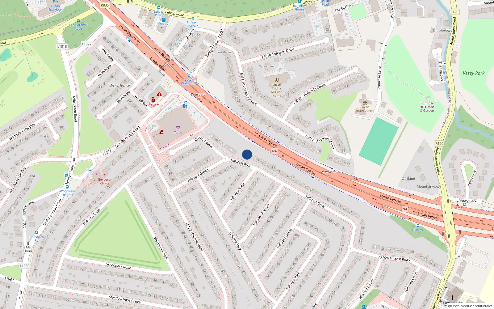 Overhead map showing the location of 3 Hillcrest Row, Lucan, Dublin