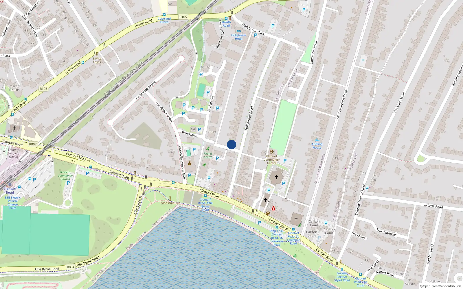 Overhead map showing the location of 3 Hollybrook Road, Dublin 3