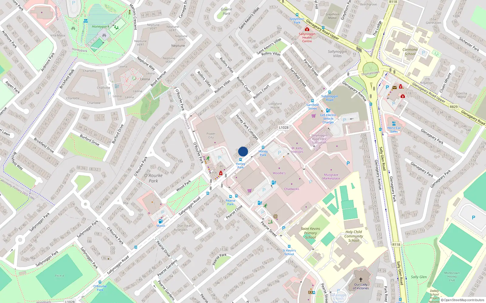 Overhead map showing the location of 3 Honey Park, Sallynoggin, Dun Laoghaire