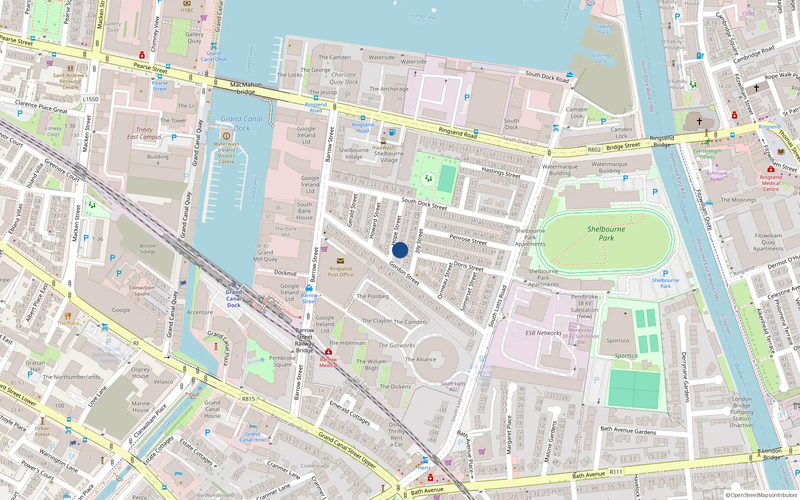 Overhead map showing the location of 3 Hope Street, Dublin 4