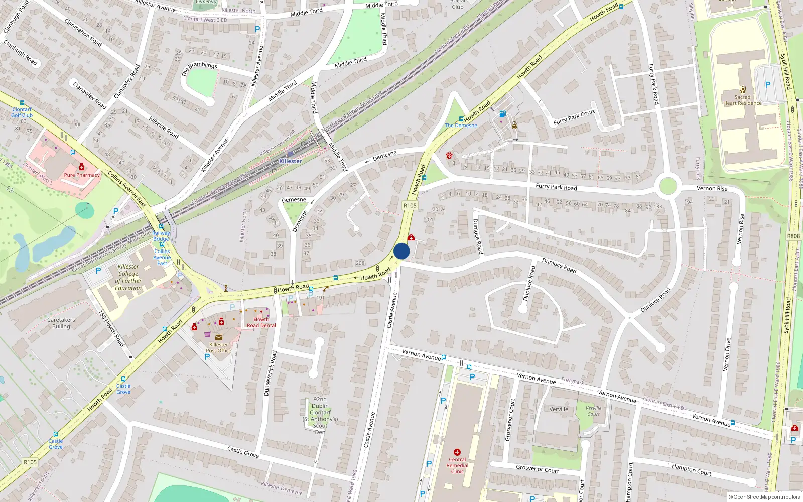 Overhead map showing the location of 3 Howth Road, Killester