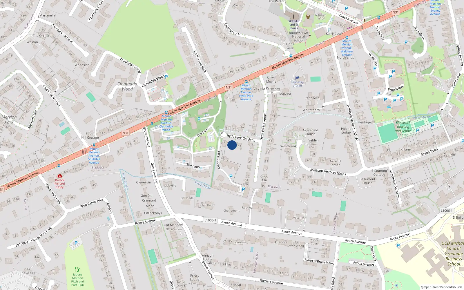 Overhead map showing the location of 3 Hyde Park Gardens, Blackrock