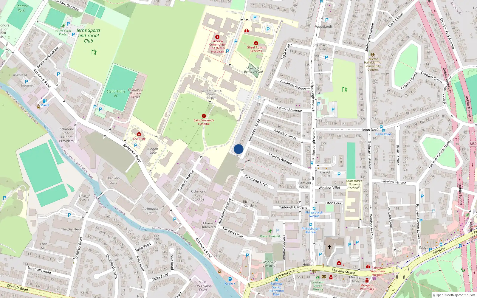 Overhead map showing the location of 3 Inverness Road, Fairview, Dublin 3