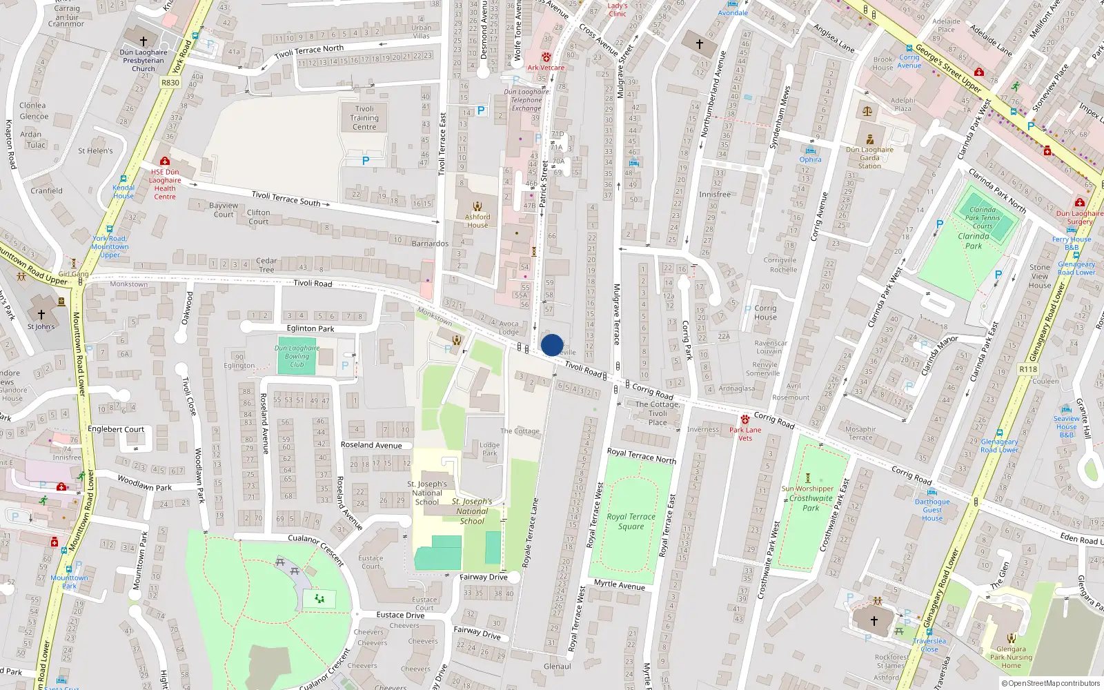 Overhead map showing the location of 3 Janeville, Tivoli Road, Dun Laoghaire