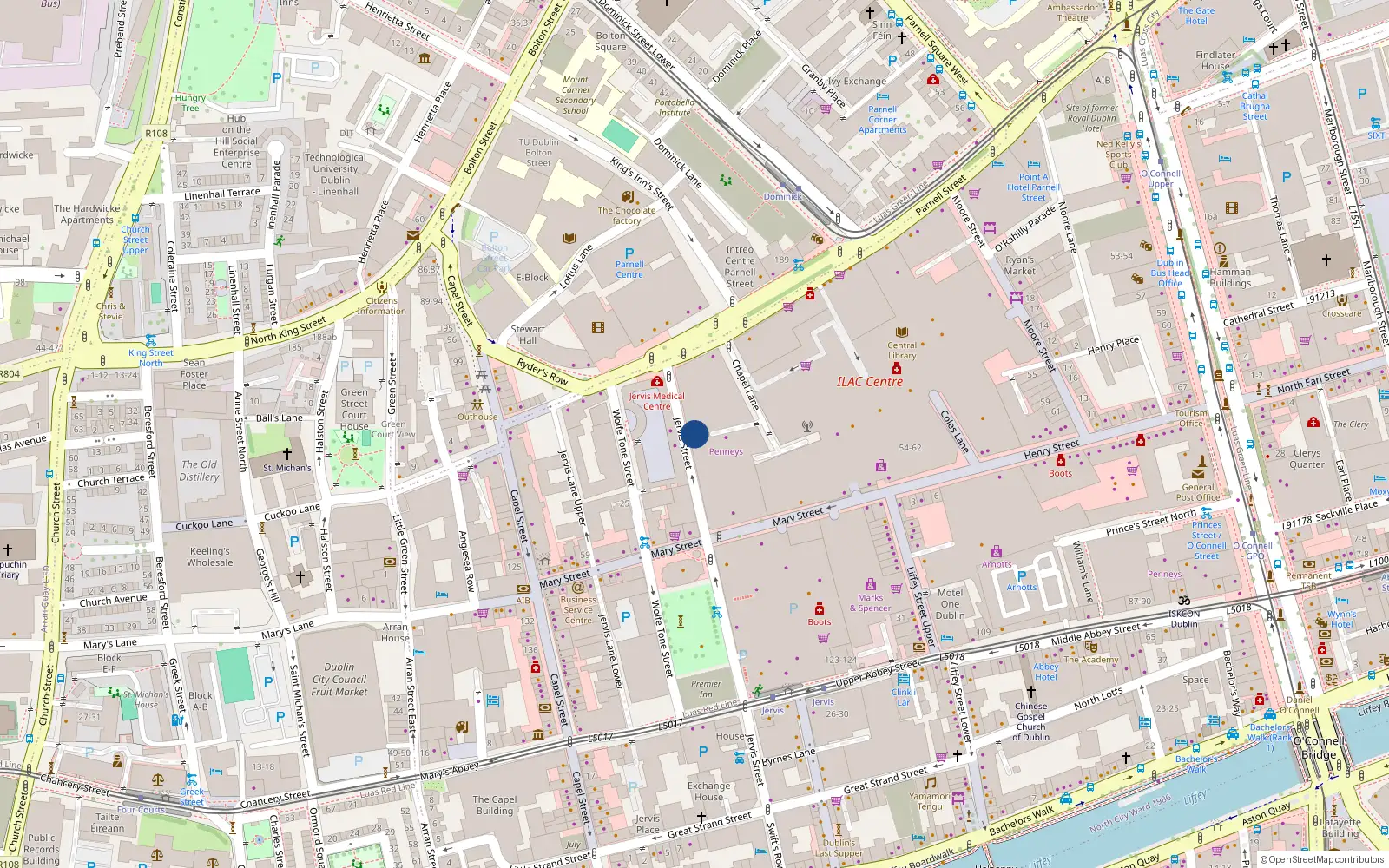Overhead map showing the location of 3 Jervis Street, Dublin 1