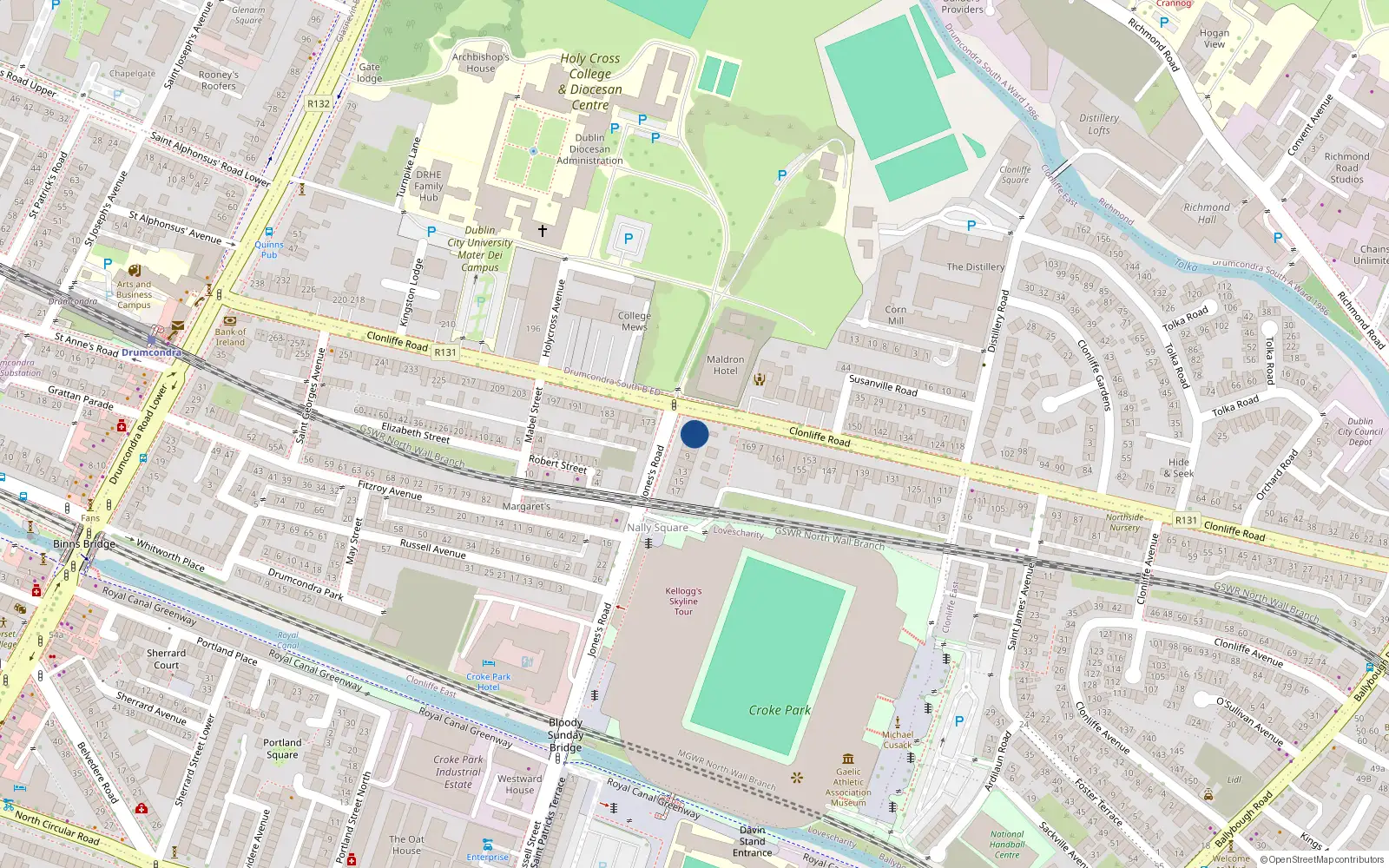 Overhead map showing the location of 3 Jones's Road, Drumcondra, Dublin 3