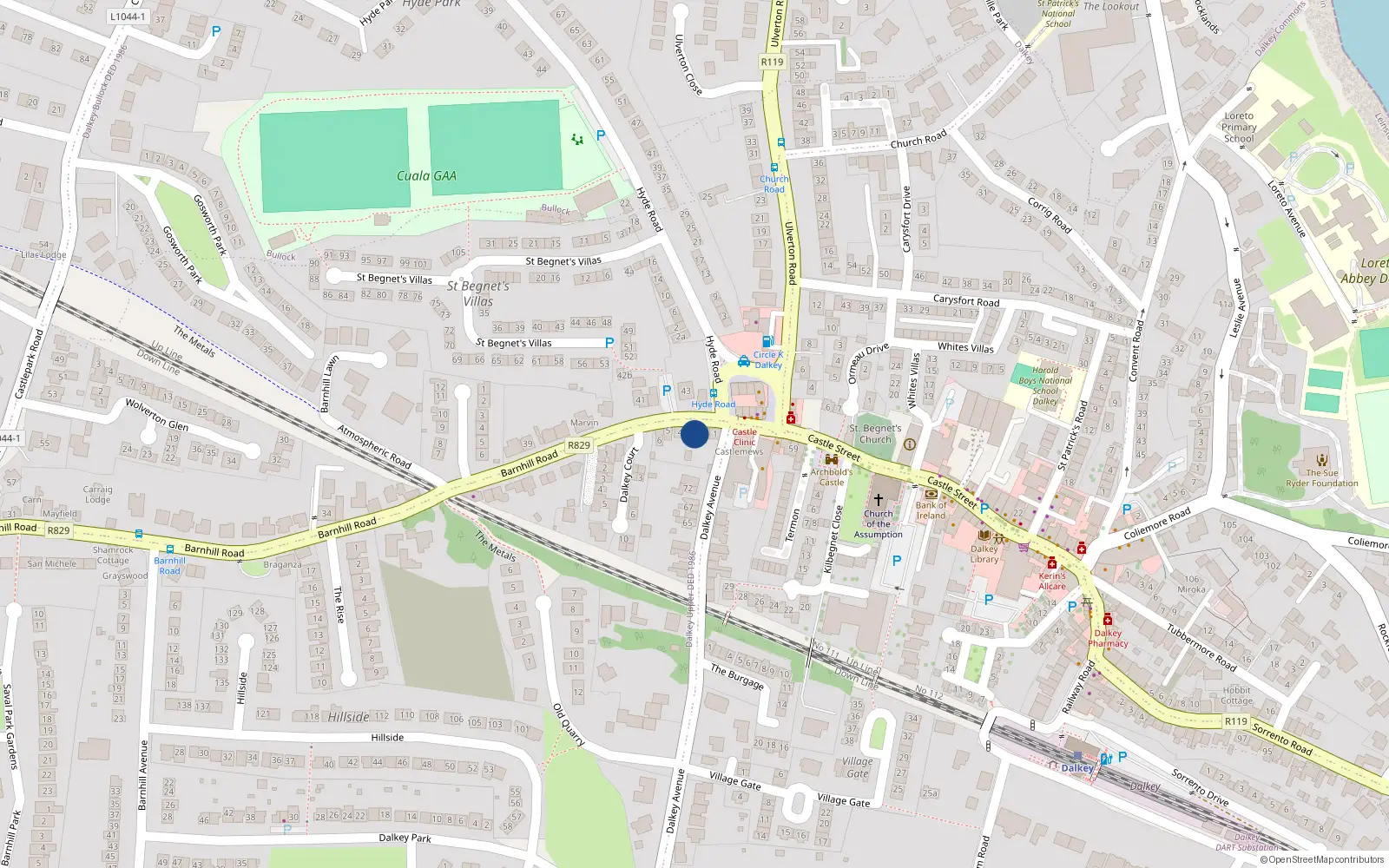 Overhead map showing the location of 3 Kent Terrace, Barnhill Road, Dalkey
