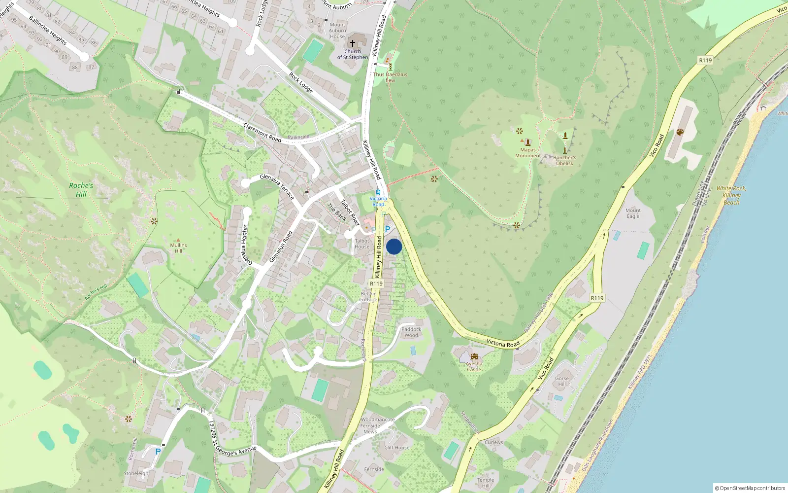 Overhead map showing the location of 3 Killiney Hill Cottages, Killiney Hill Road, Killiney