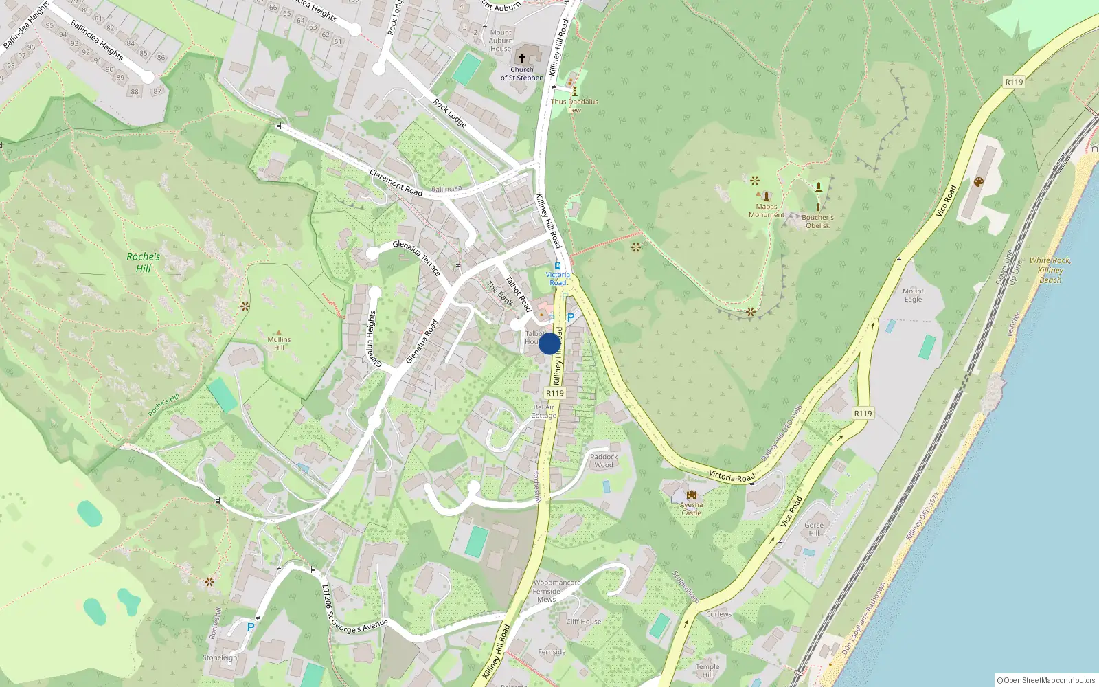 Overhead map showing the location of 3 Killiney Hill Road, Killiney