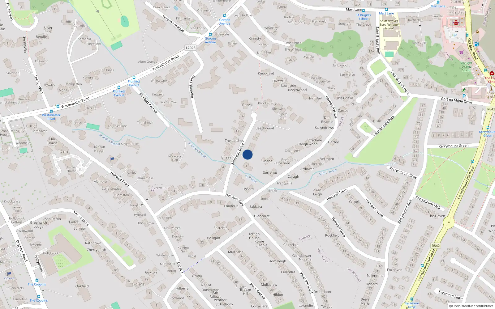 Overhead map showing the location of 3 Kilteragh Drive, Dublin 18