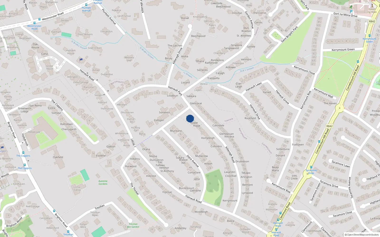 Overhead map showing the location of 3 Kilteragh Road, Dublin 18