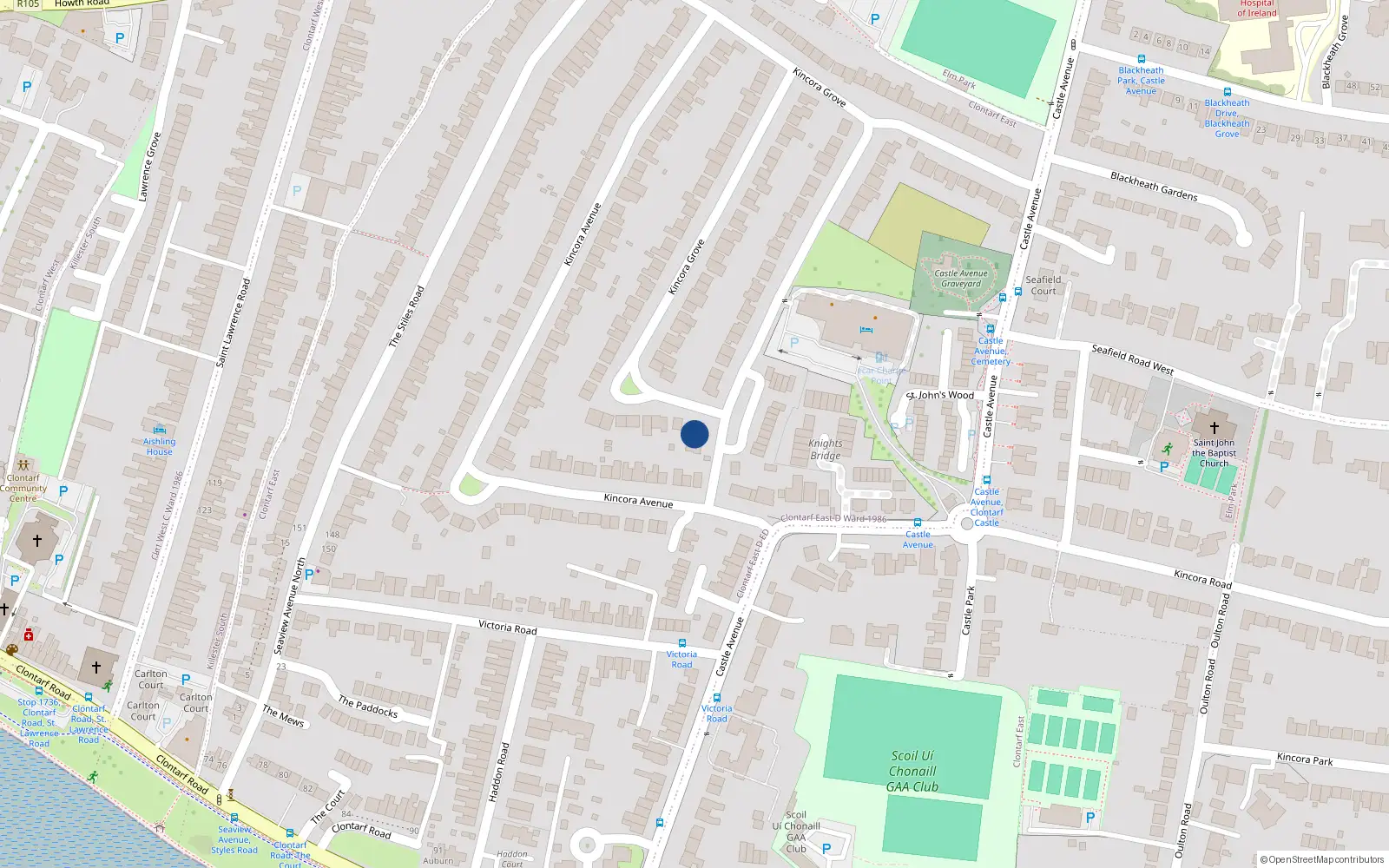 Overhead map showing the location of 3 Kincora Grove, Clontarf, Dublin 3