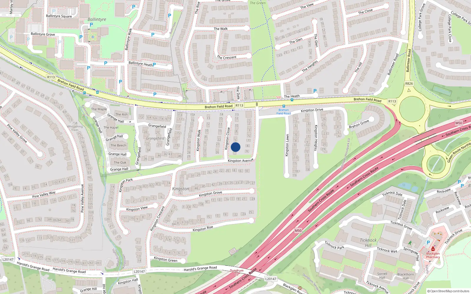 Overhead map showing the location of 3 Kingston Close, Dublin 16