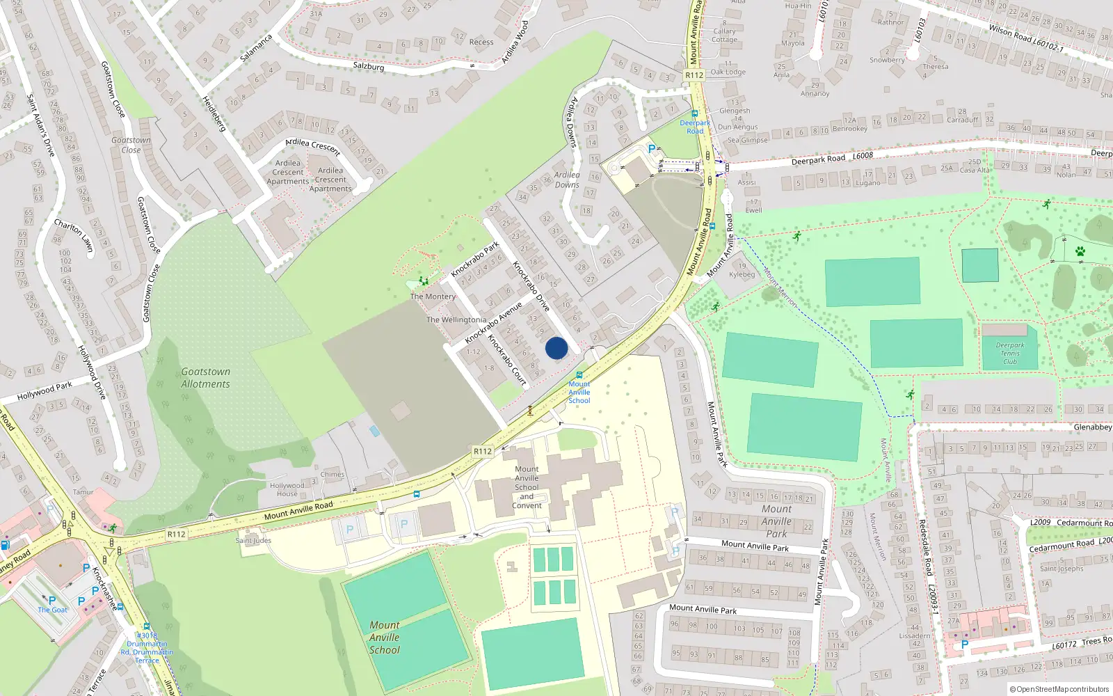 Overhead map showing the location of 3 Knockrabo Drive, Goatstown