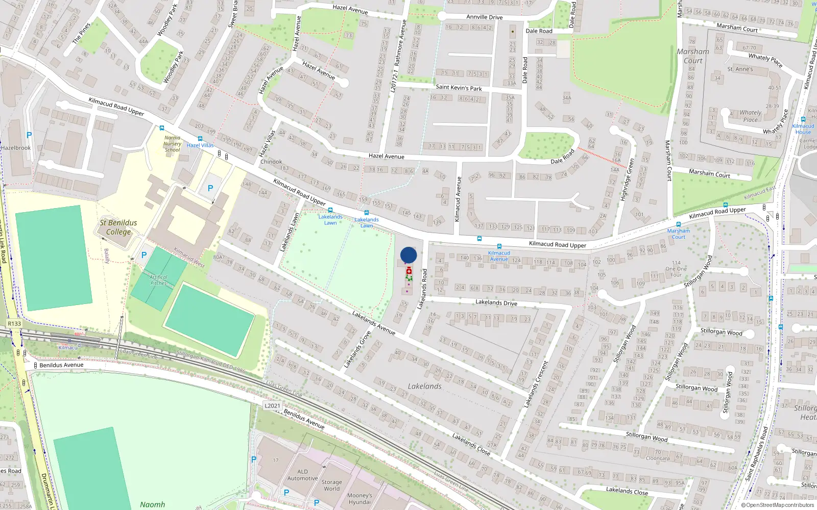 Overhead map showing the location of 3 Lakelands Road, Stillorgan, Dublin