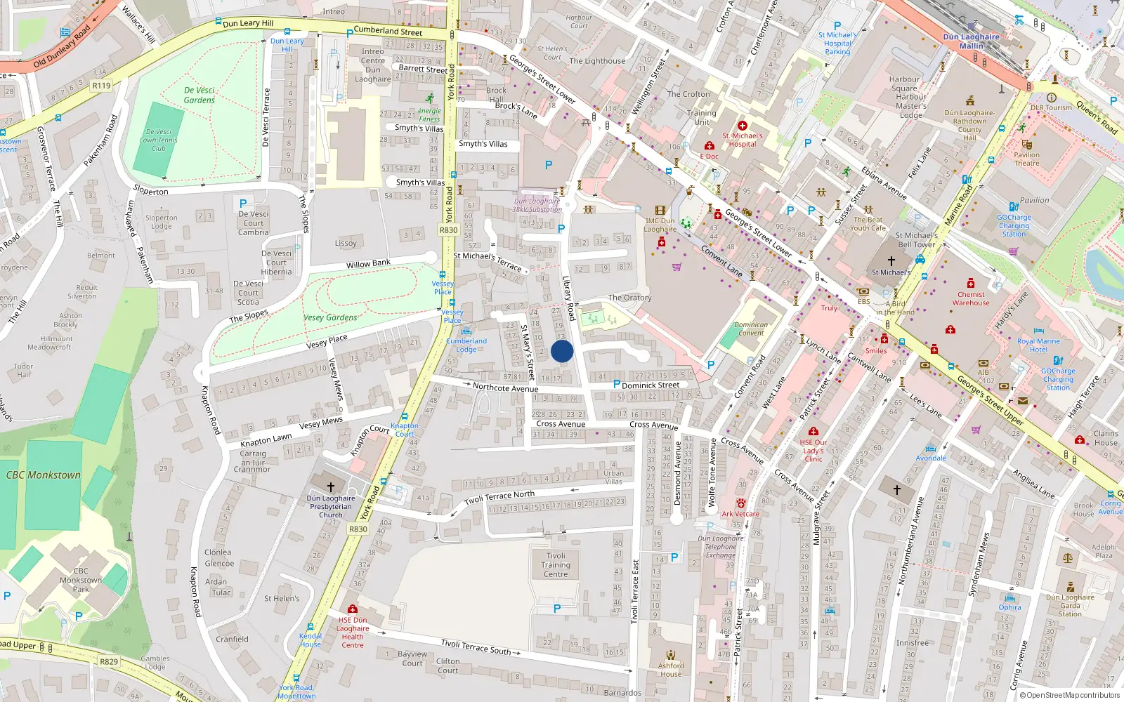Overhead map showing the location of 3 Library Road, Dublin