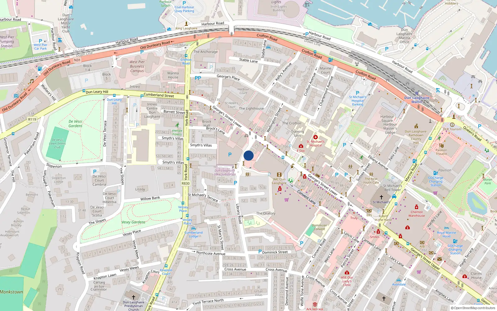 Overhead map showing the location of 3 Library Terrace, Library Road, Dun Laoghaire