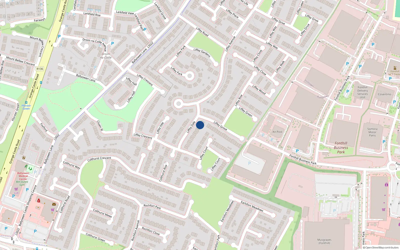 Overhead map showing the location of 3 Liffey Dale, Liffey Valley Park, Lucan