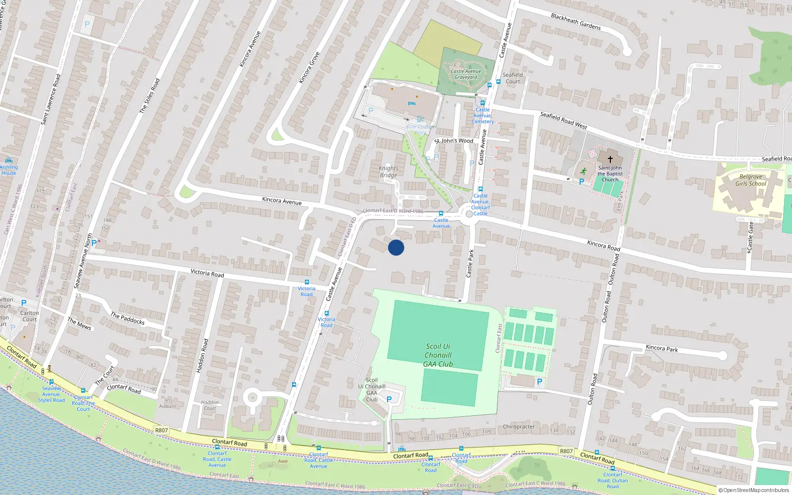 Overhead map showing the location of 3 Lucerne Court, Castle Avenue, Clontarf Dublin 3