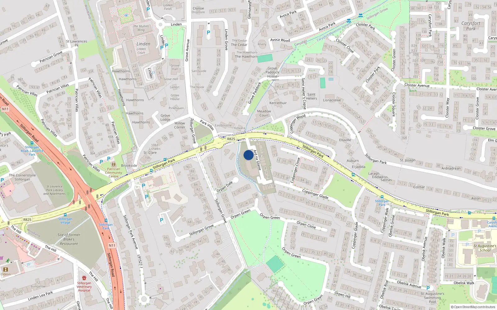 Overhead map showing the location of 3 Maretimo Ard na Glaise, Stillorgan