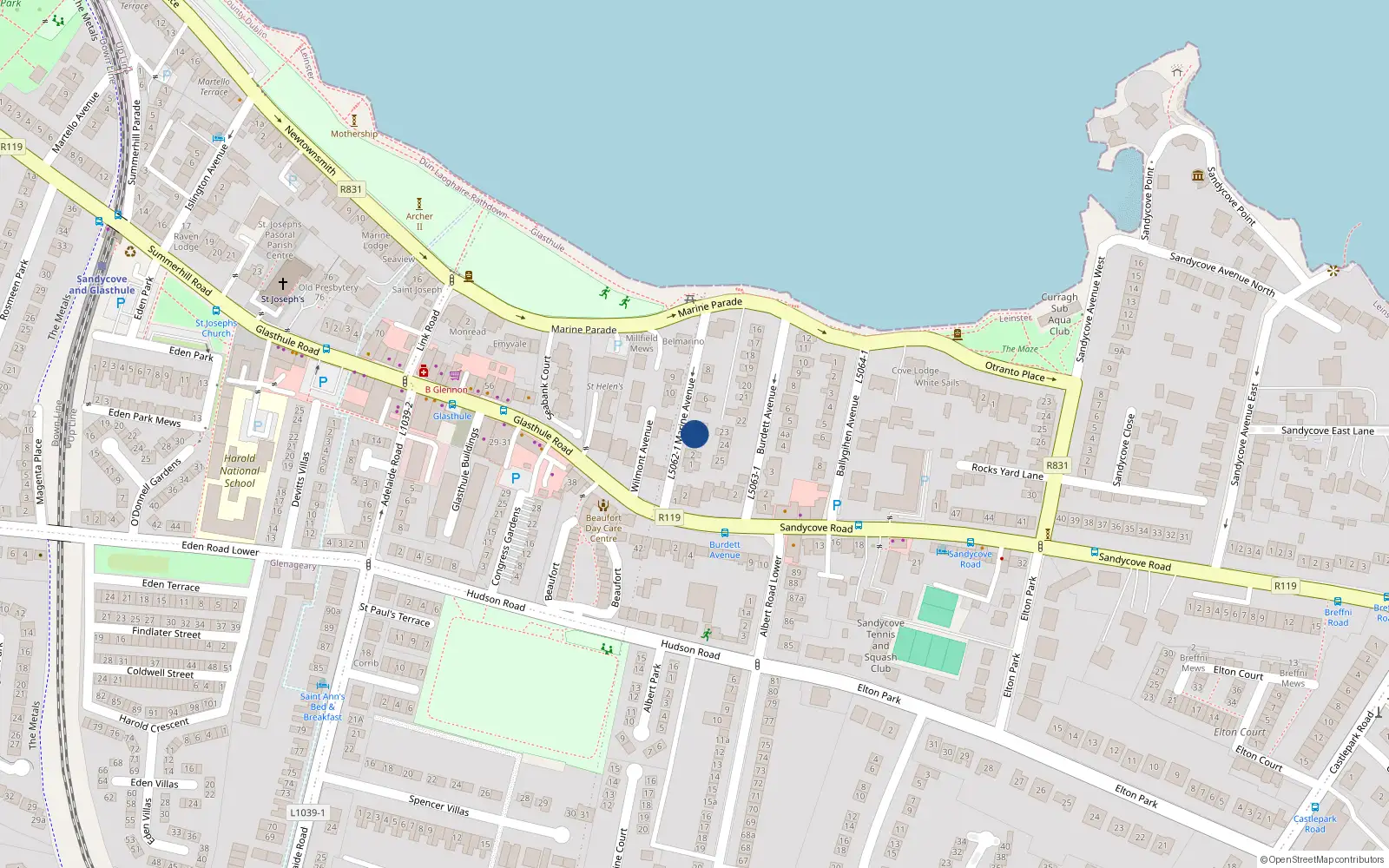 Overhead map showing the location of 3 Marine Avenue, Sandycove, Dublin