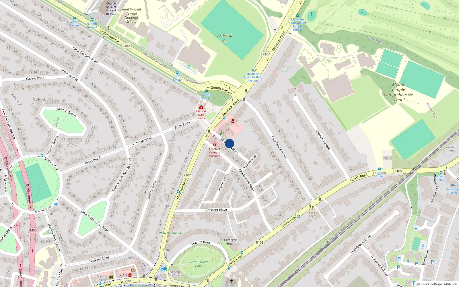 Overhead map showing the location of 3 Marino Avenue, Clontarf, Dublin 3