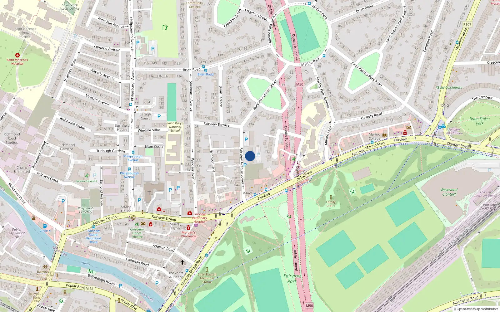 Overhead map showing the location of 3 Marino Court, Fairview Avenue Lower, Dublin 3