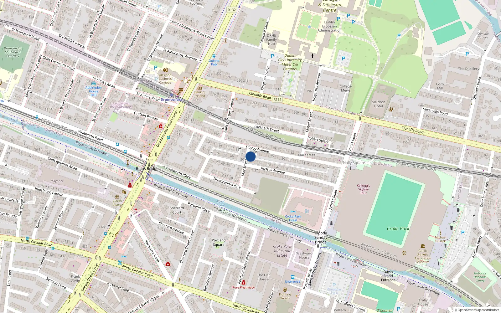 Overhead map showing the location of 3 May St, Drumcondra, Dublin 3