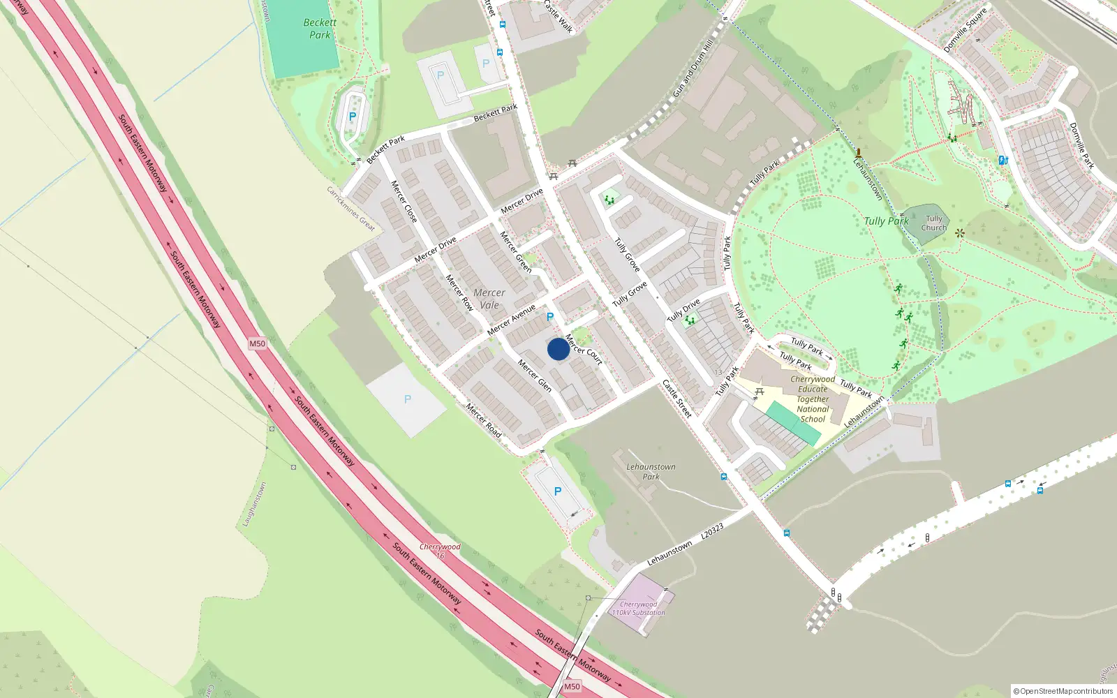 Overhead map showing the location of 3 Mercer Court, Laughanstown