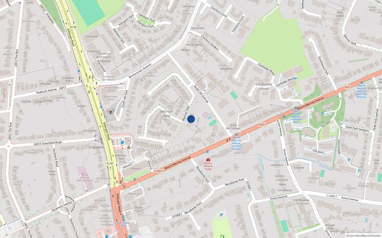 Overhead map showing the location of 3 Merrion Park, Blackrock