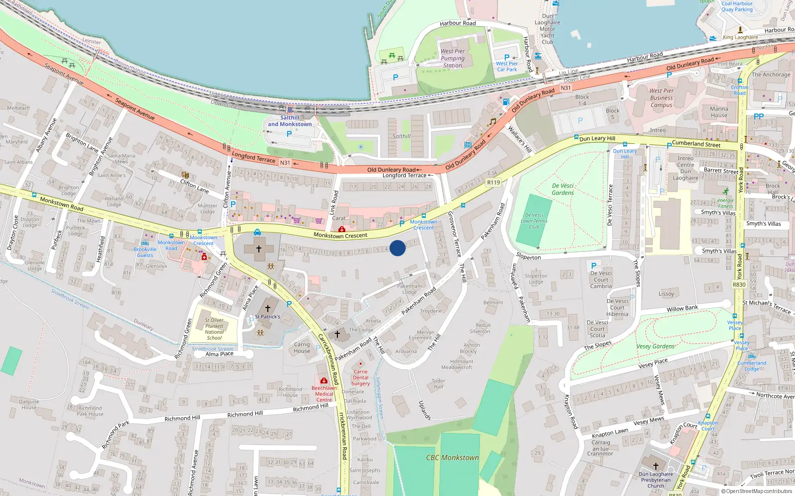 Overhead map showing the location of 3 Monkstown Cresent, Monkstown, Co. Dublin