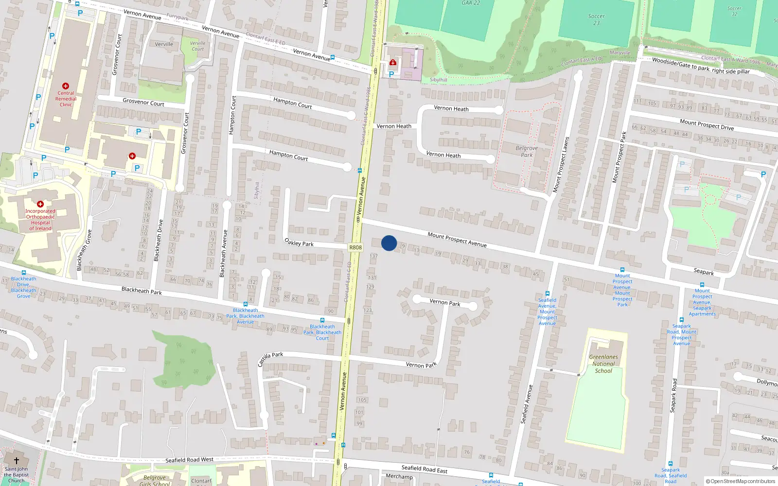 Overhead map showing the location of 3 Mount Prospect Avenue, Clontarf, Dublin 3