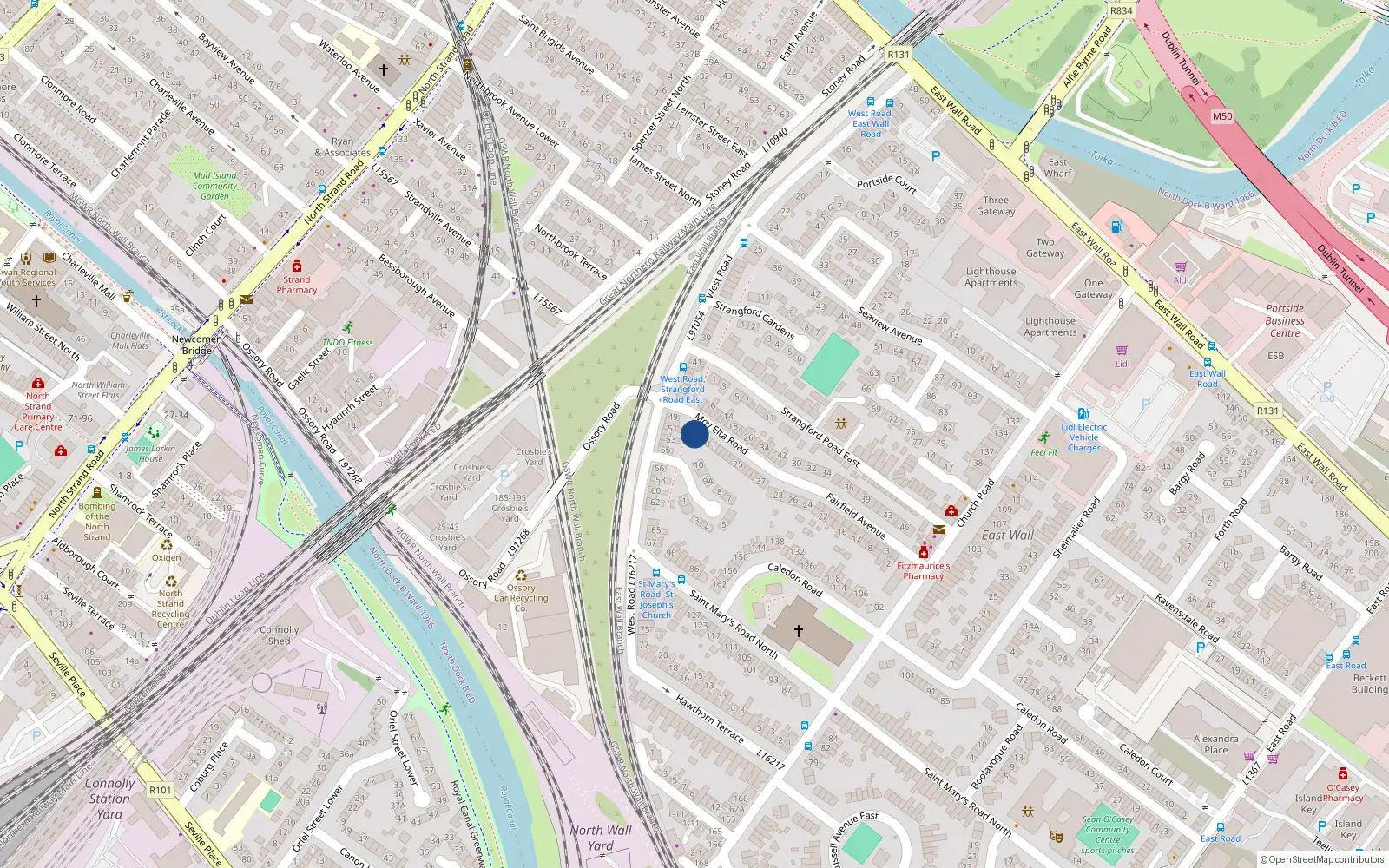 Overhead map showing the location of 3 Moy Elta Road, East Wall, Dublin 3