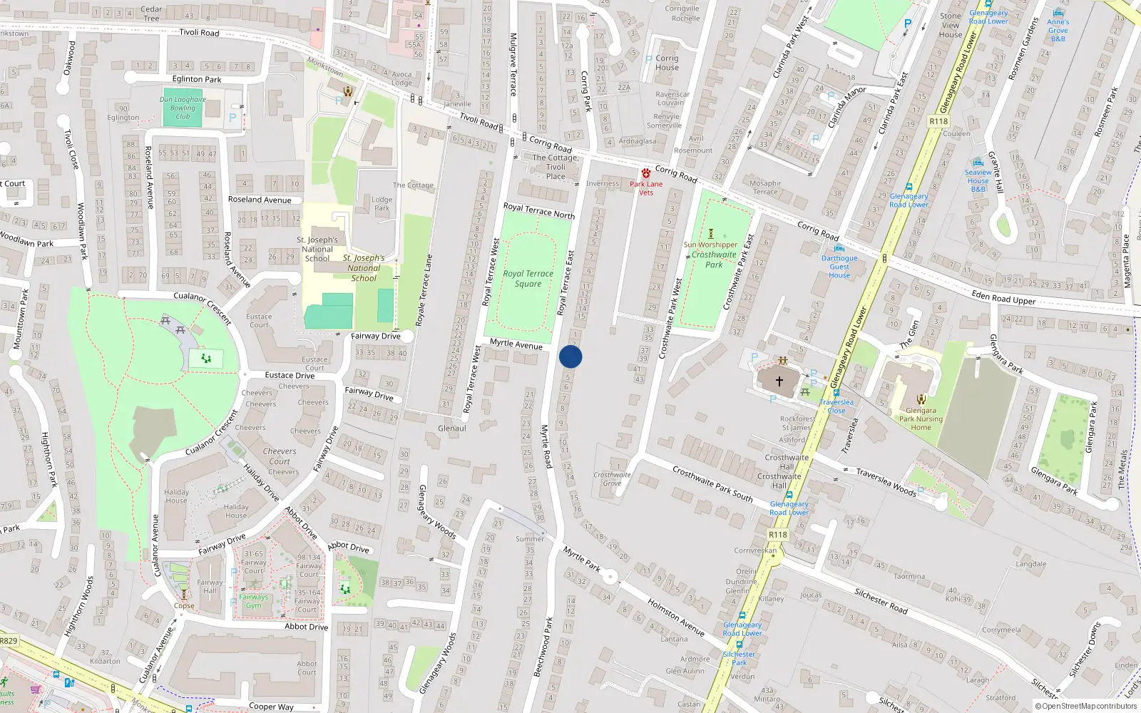 Overhead map showing the location of 3 Myrtle Park, Dun Laoghaire, Dublin