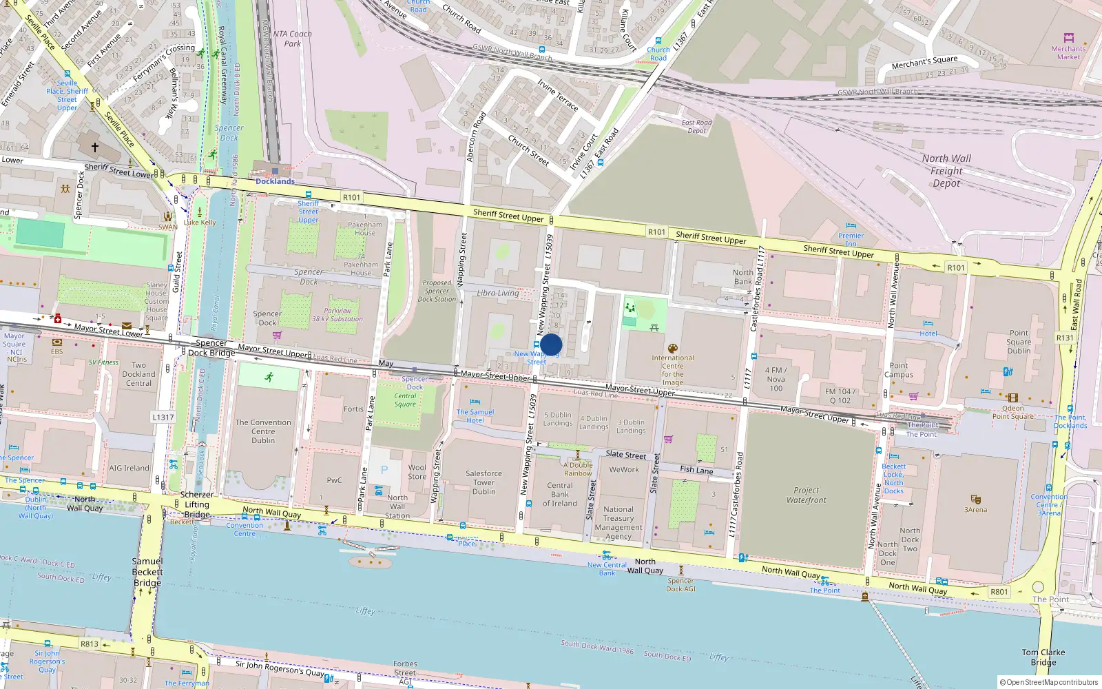 Overhead map showing the location of 3 New Wapping Street, Dublin 1