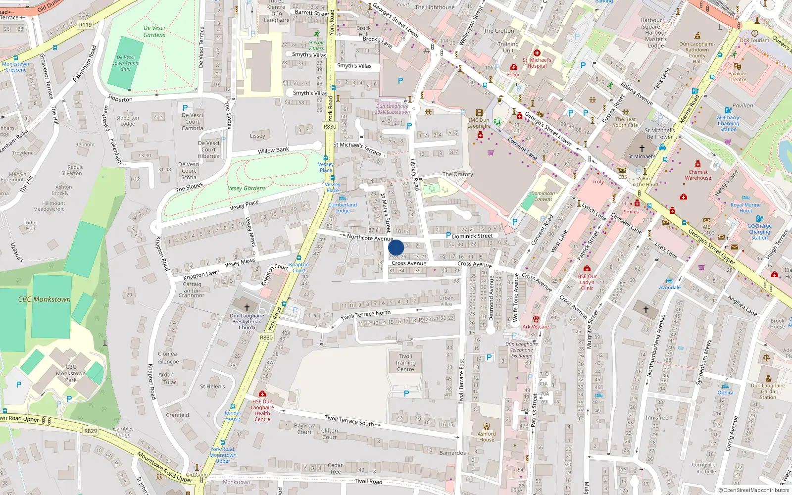 Overhead map showing the location of 3 Northcote Avenue, Dun Laoghaire, Dublin