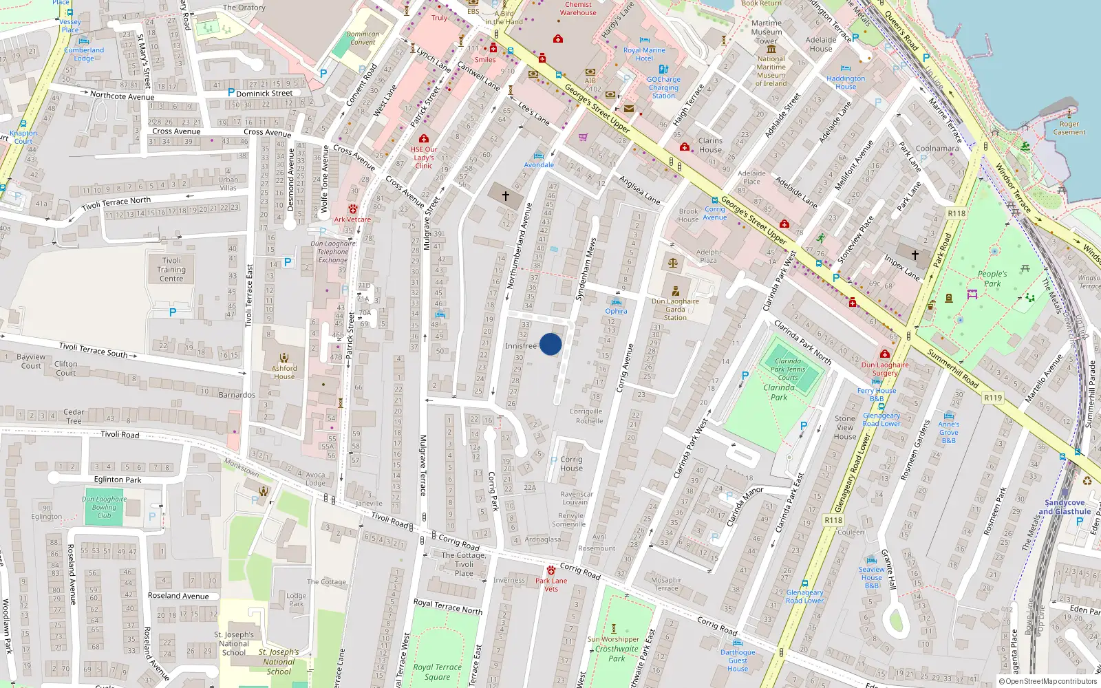 Overhead map showing the location of 3 Northumberland Close, Northumberland Avenue, Dun Laoghaire