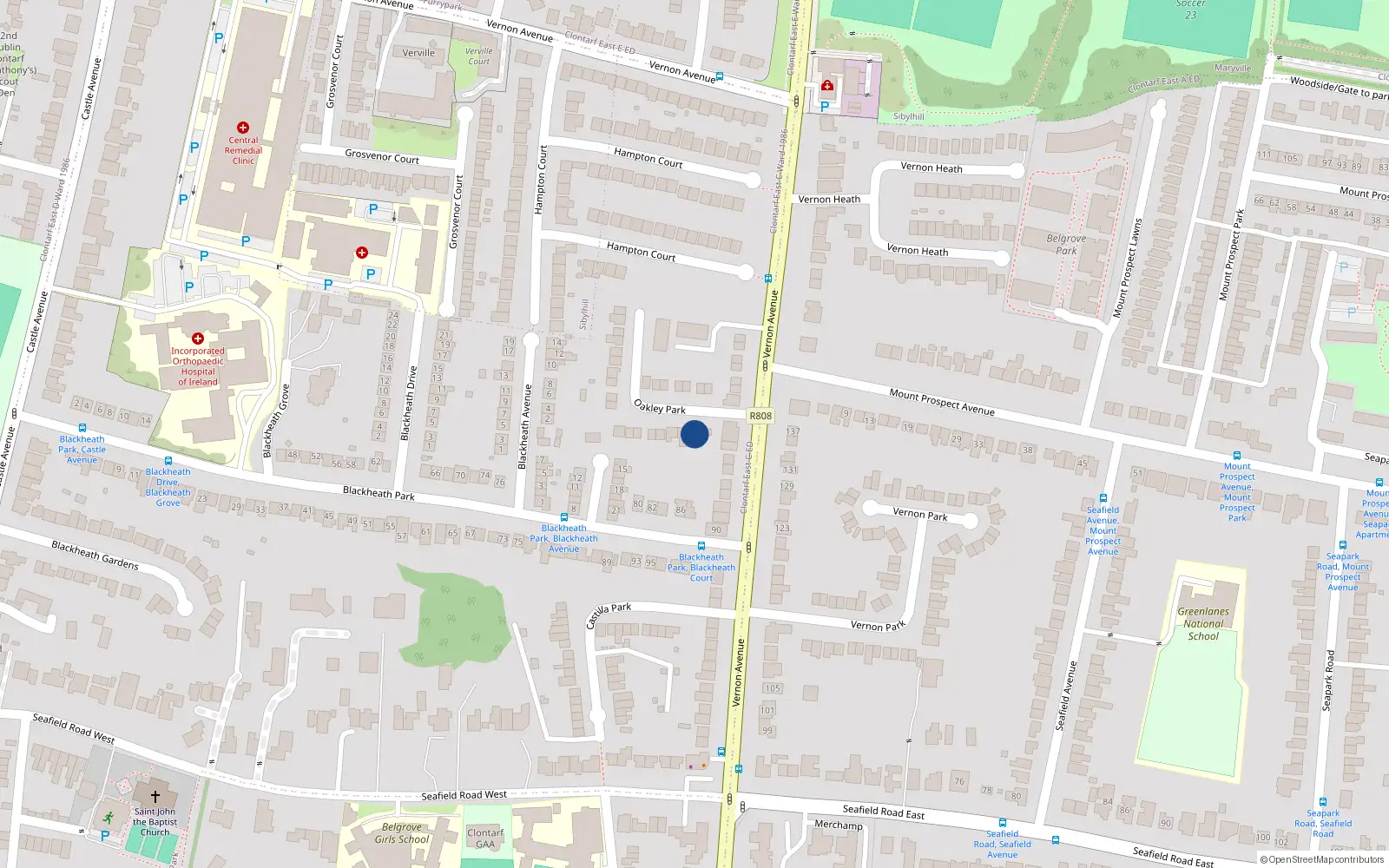 Overhead map showing the location of 3 Oakley Park, Off Vernon Avenue, Clontarf Dublin 3