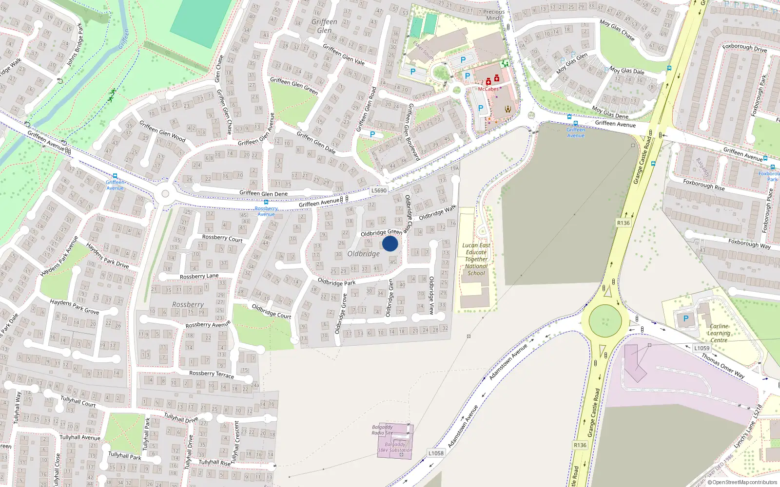 Overhead map showing the location of 3 Oldbridge Green, Lucan, Dublin