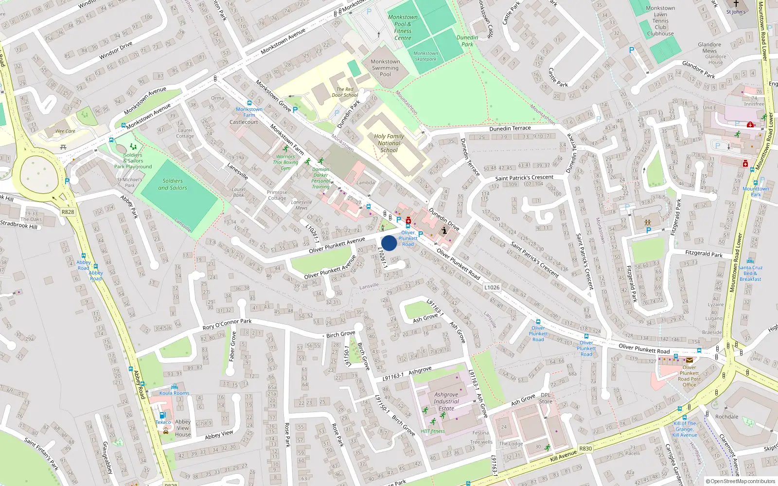 Overhead map showing the location of 3 Oliver Plunkett Avenue, Monkstown Farm, Dun Laoghaire