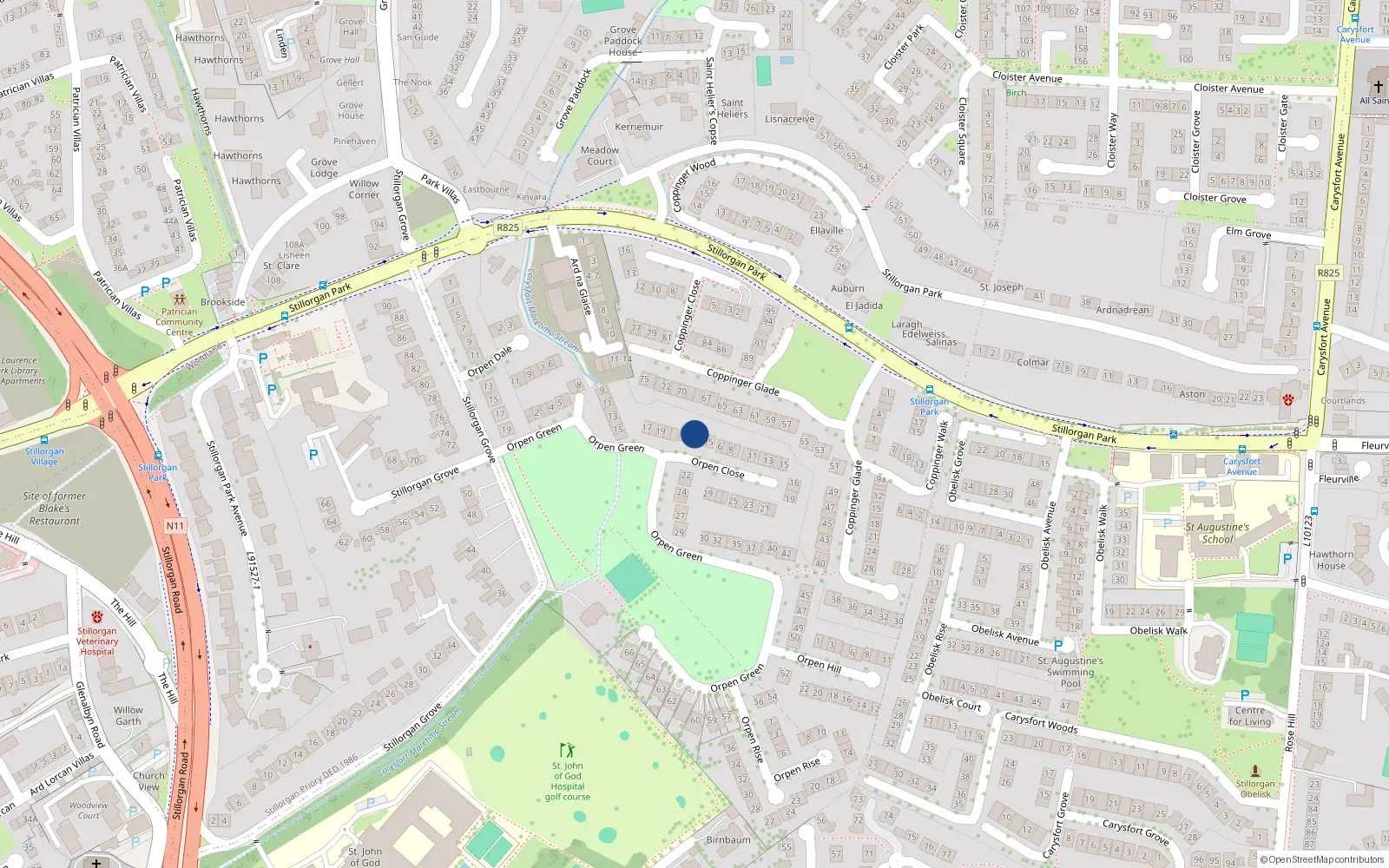 Overhead map showing the location of 3 Orpen Close, Blackrock