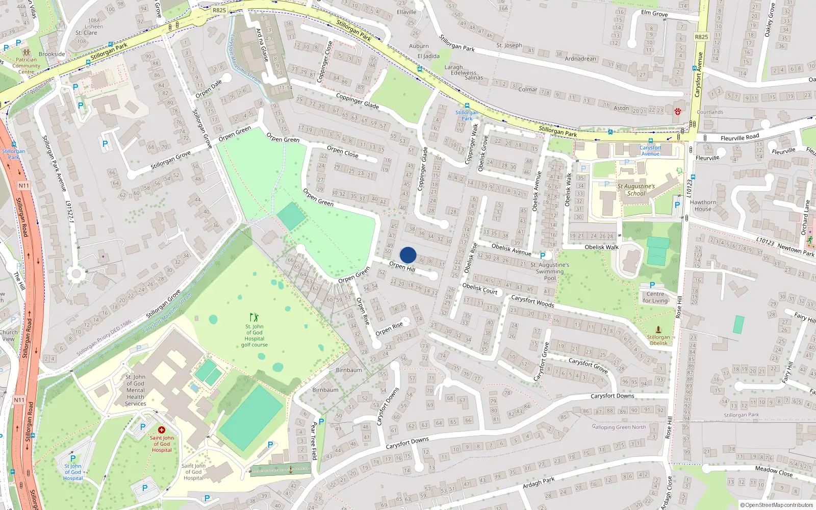Overhead map showing the location of 3 Orpen Hill, Stillorgan, Dublin